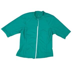 Lands End Zip Front Short Sleeve Rash Guard Swim Shirt Laguna Green M 10 12 P